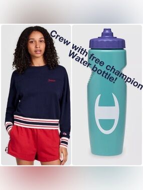 NWT Champion Navy Sweatshirt with Red Striped Hem size XL. Free water bottle!